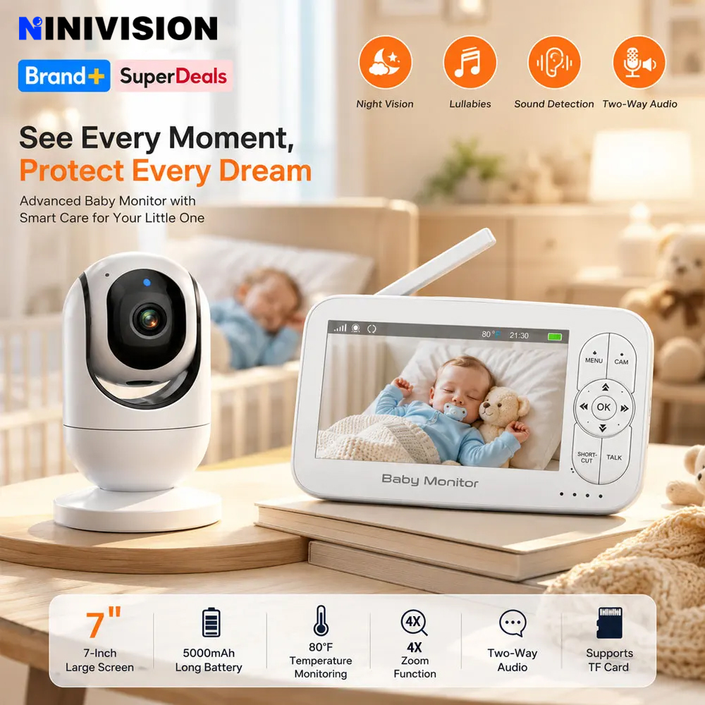 Audio Detect Music - 7インチ1080Pベビーモニター、カメラと音声付き、WiFiなし、ナイトビジョン、双方向通話、4倍ズーム、温度監視、5000mAhバッテリー