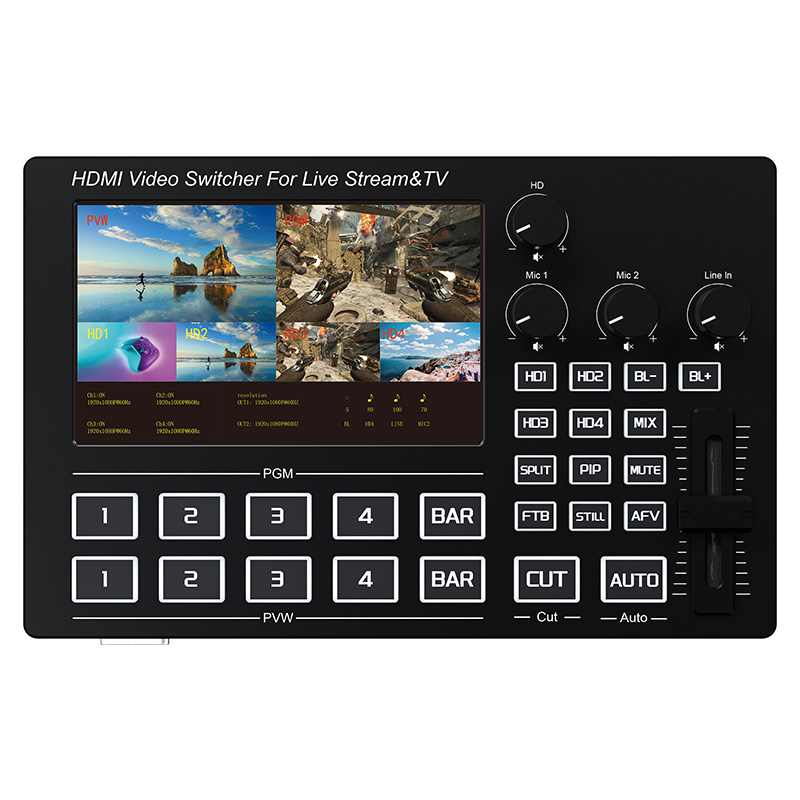 Audio Music Live - 1080P 4チャンネルHDMIライブストリーミングビデオミキサー、5インチスクリーン、マイクライン入力、オーディオミキシング機能付きライブ放送ビデオスイッチャー