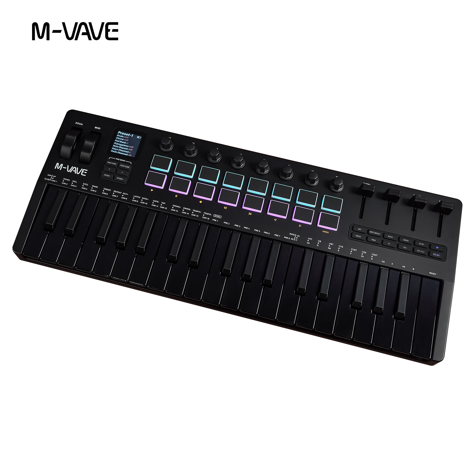 Midi Controller Pad - M-VAVE SMK-37 USB MIDIコントローラー 37キー、16個のRGBパッドと8個のノブを搭載し、ソフトウェア操作に対応、Windows、Mac、iOS、Androidに対応