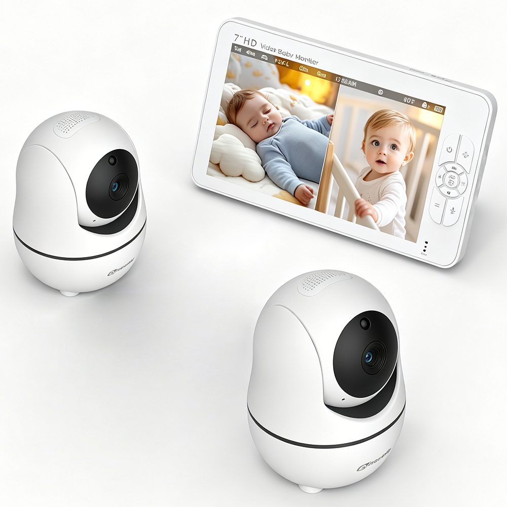 7インチHD分割画面ベビーモニター、2台のPTZカメラ搭載、 - Audio Detect Music のレビューと価格